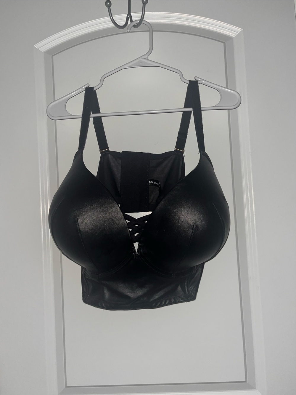 Black Faux Leather Longline Lace-Up Bra Top